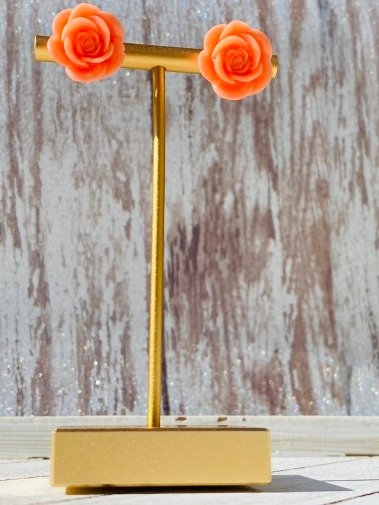 Peach Pink Rose Stud Earrings