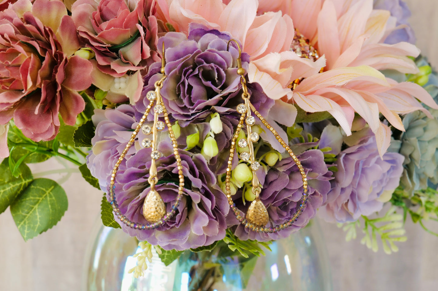 Purple Gold Teardrop Hoop Earrings