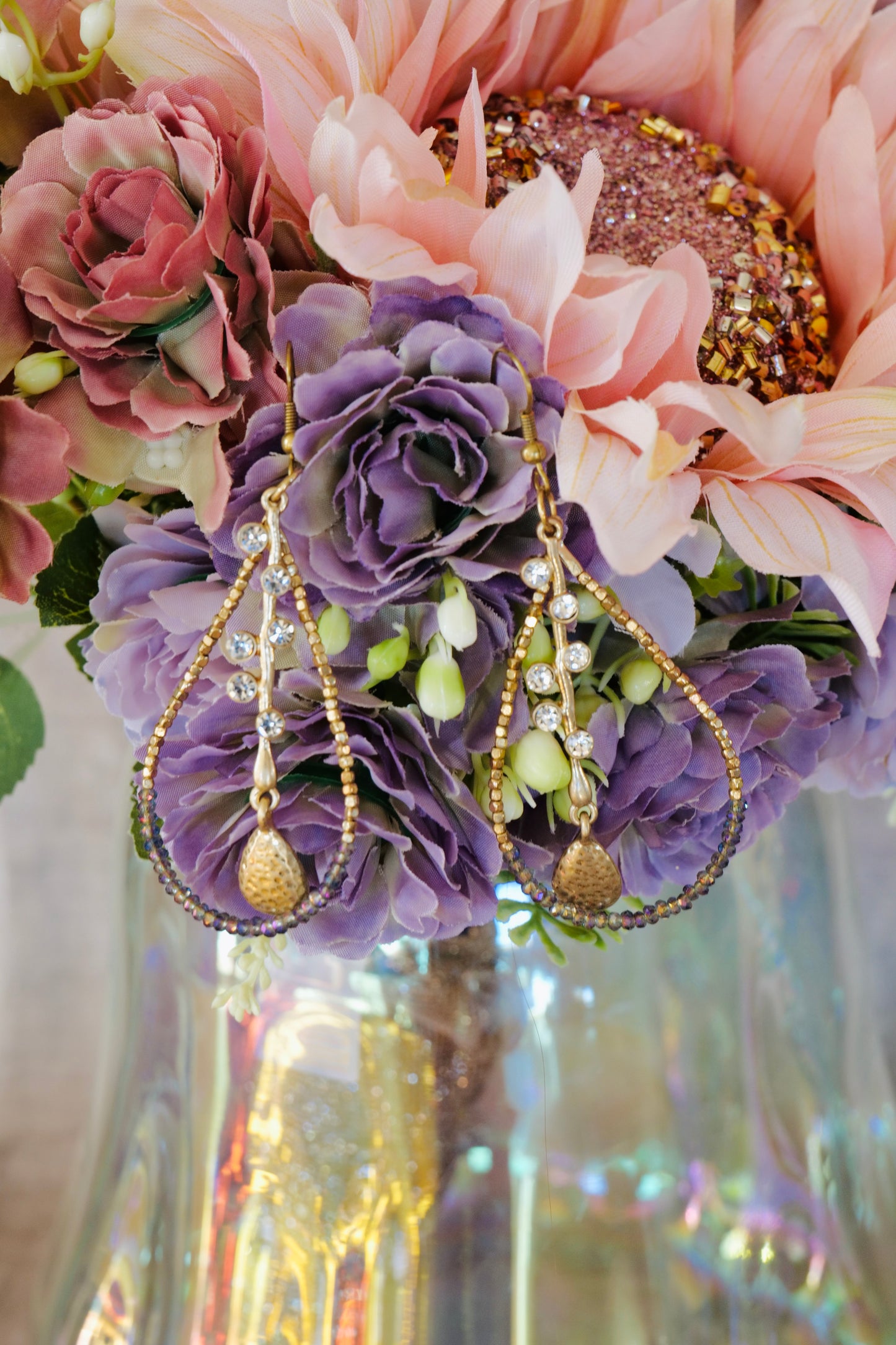 Purple Gold Teardrop Hoop Earrings