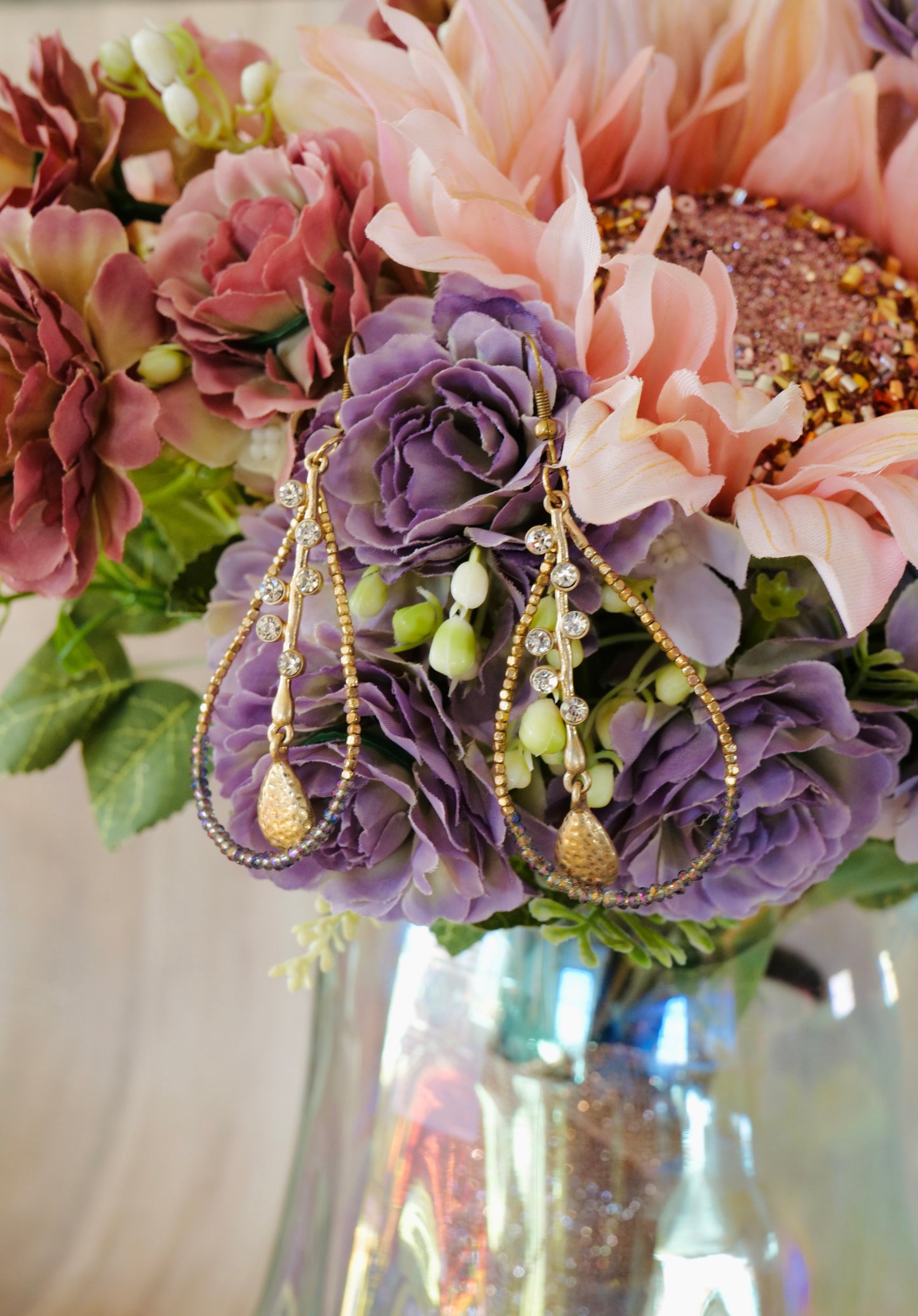 Purple Gold Teardrop Hoop Earrings