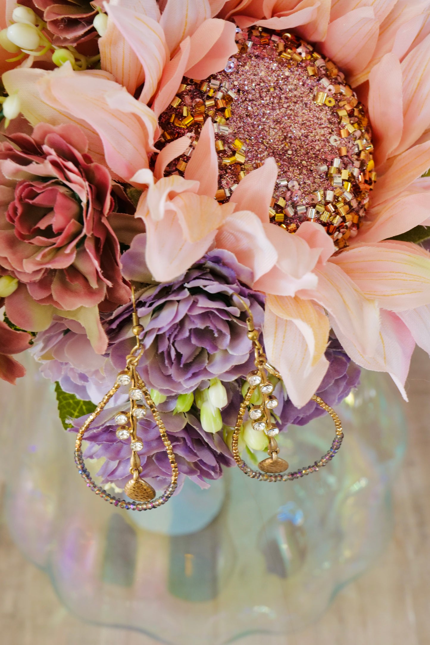 Purple Gold Teardrop Hoop Earrings