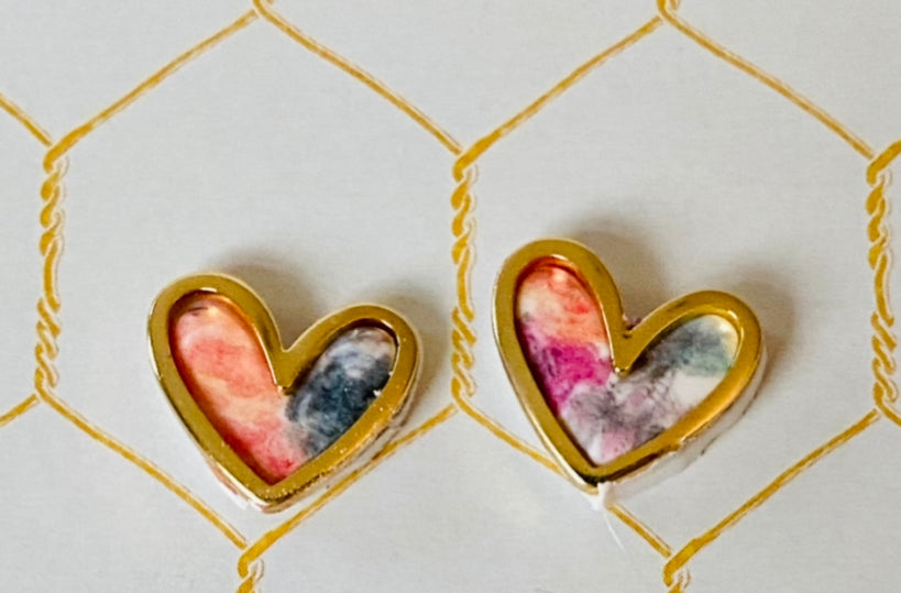 Gold Heart Floral Printed Studs