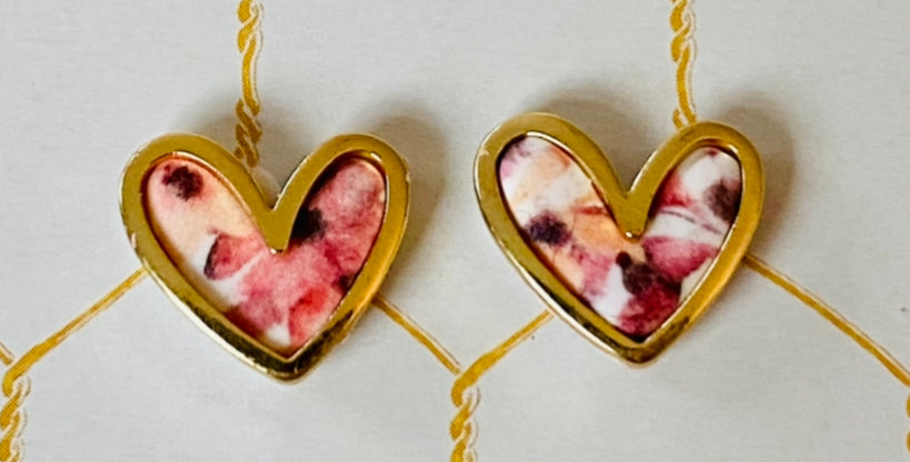 Gold Heart Floral Printed Studs