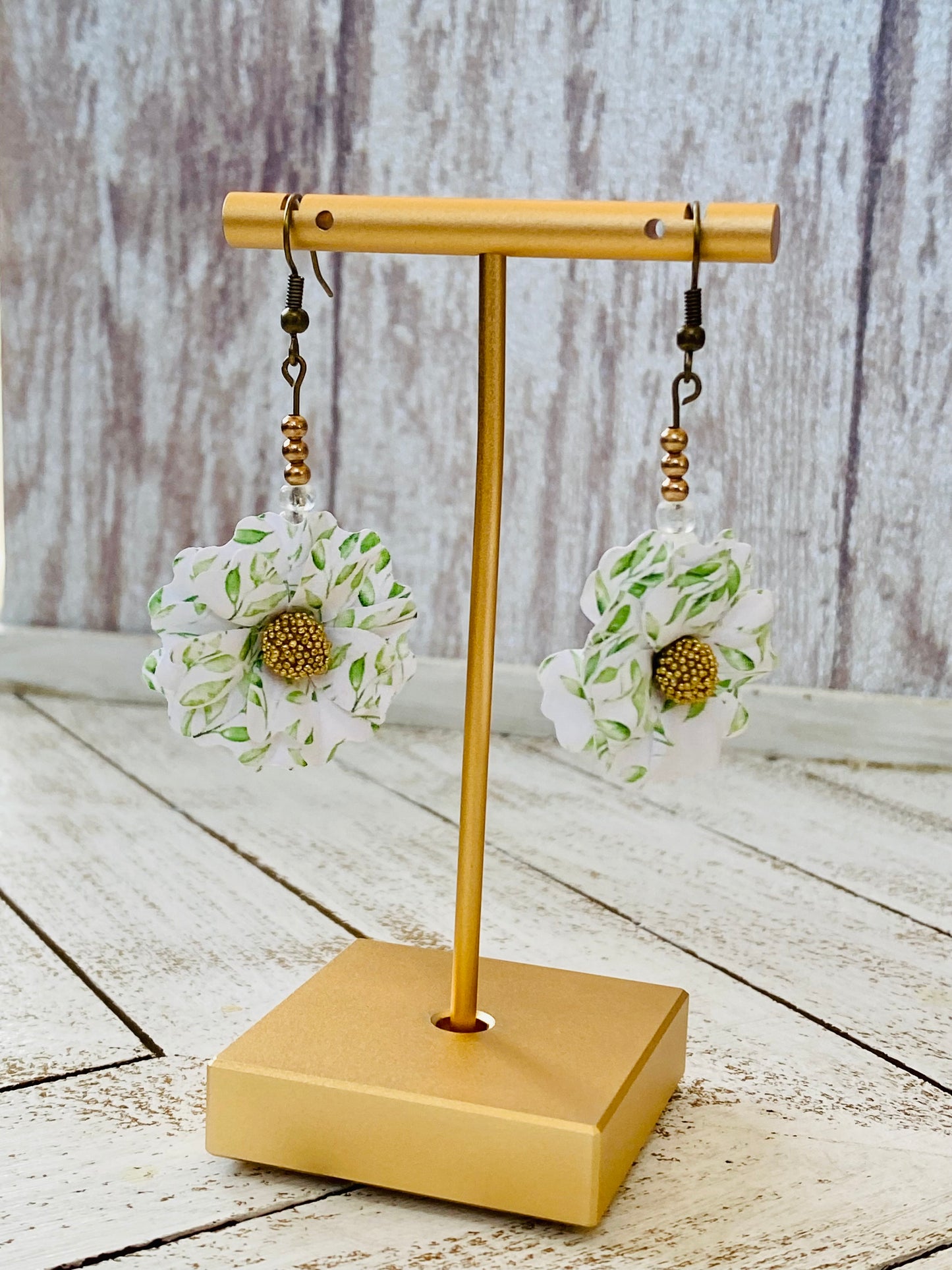 Green White Origami Flower Earrings