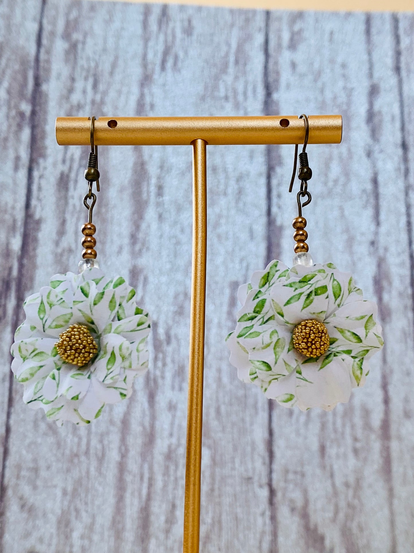 Green White Origami Flower Earrings