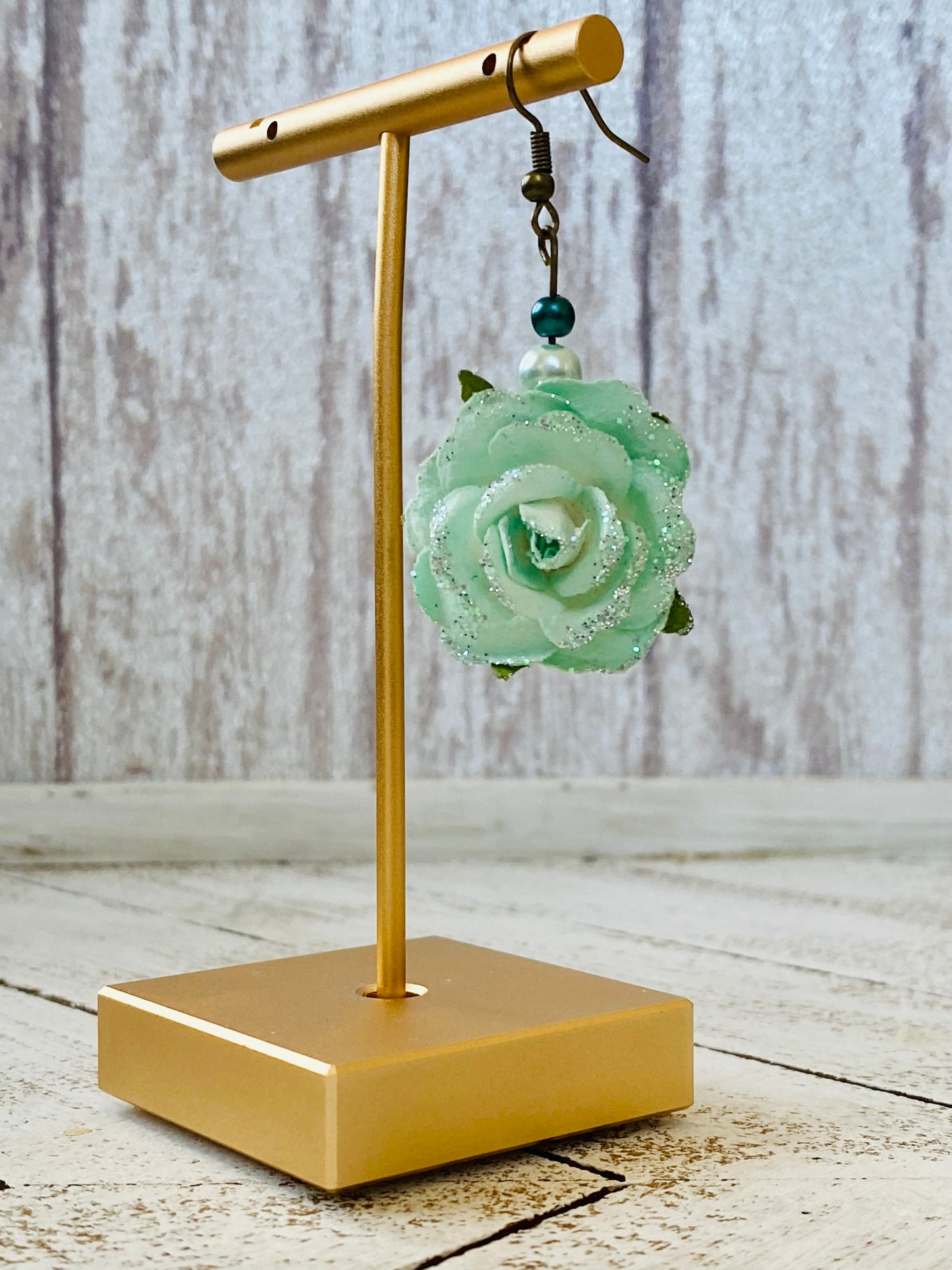 Mint Glitter Origami Flower Earrings