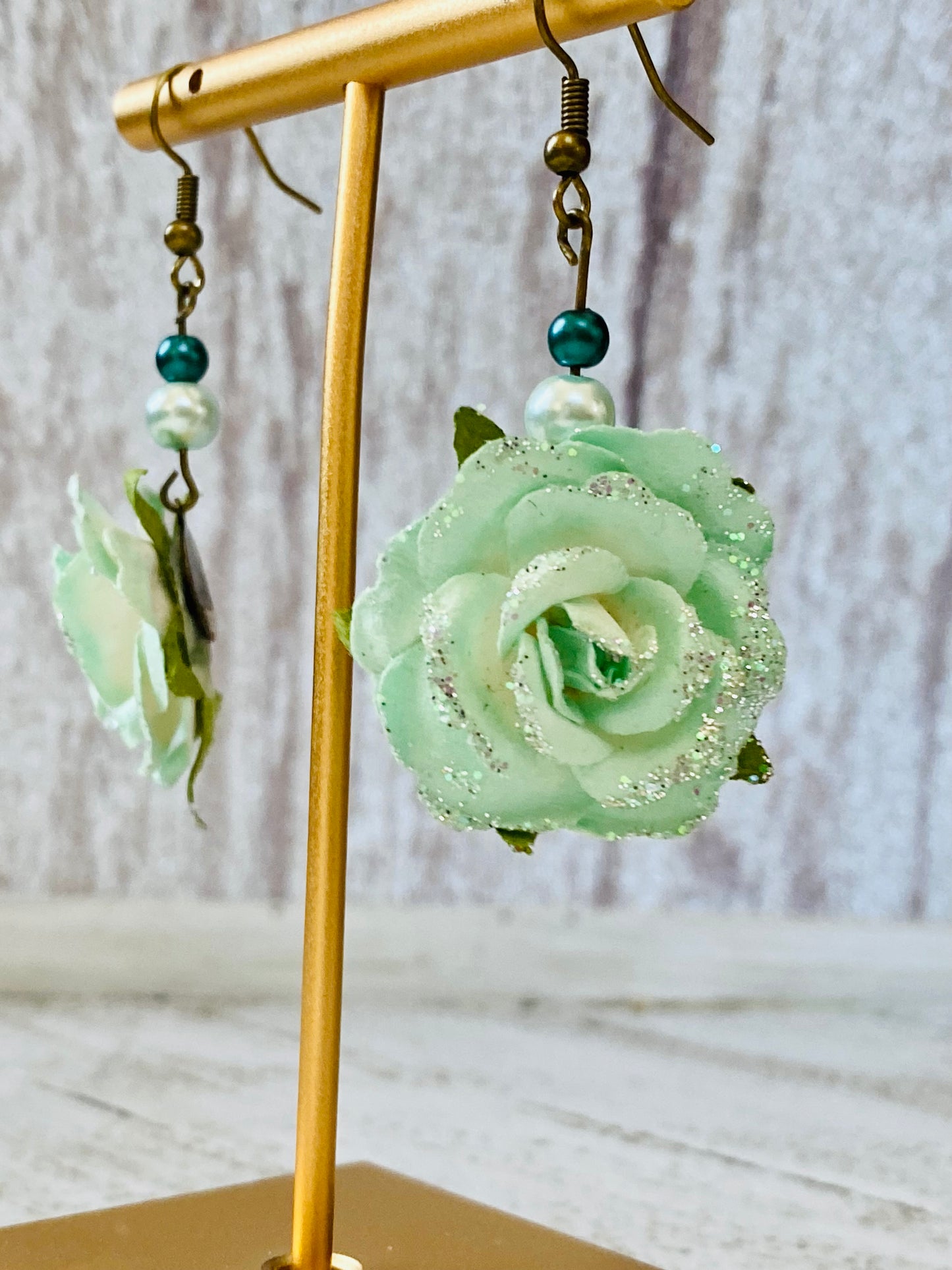 Mint Glitter Origami Flower Earrings