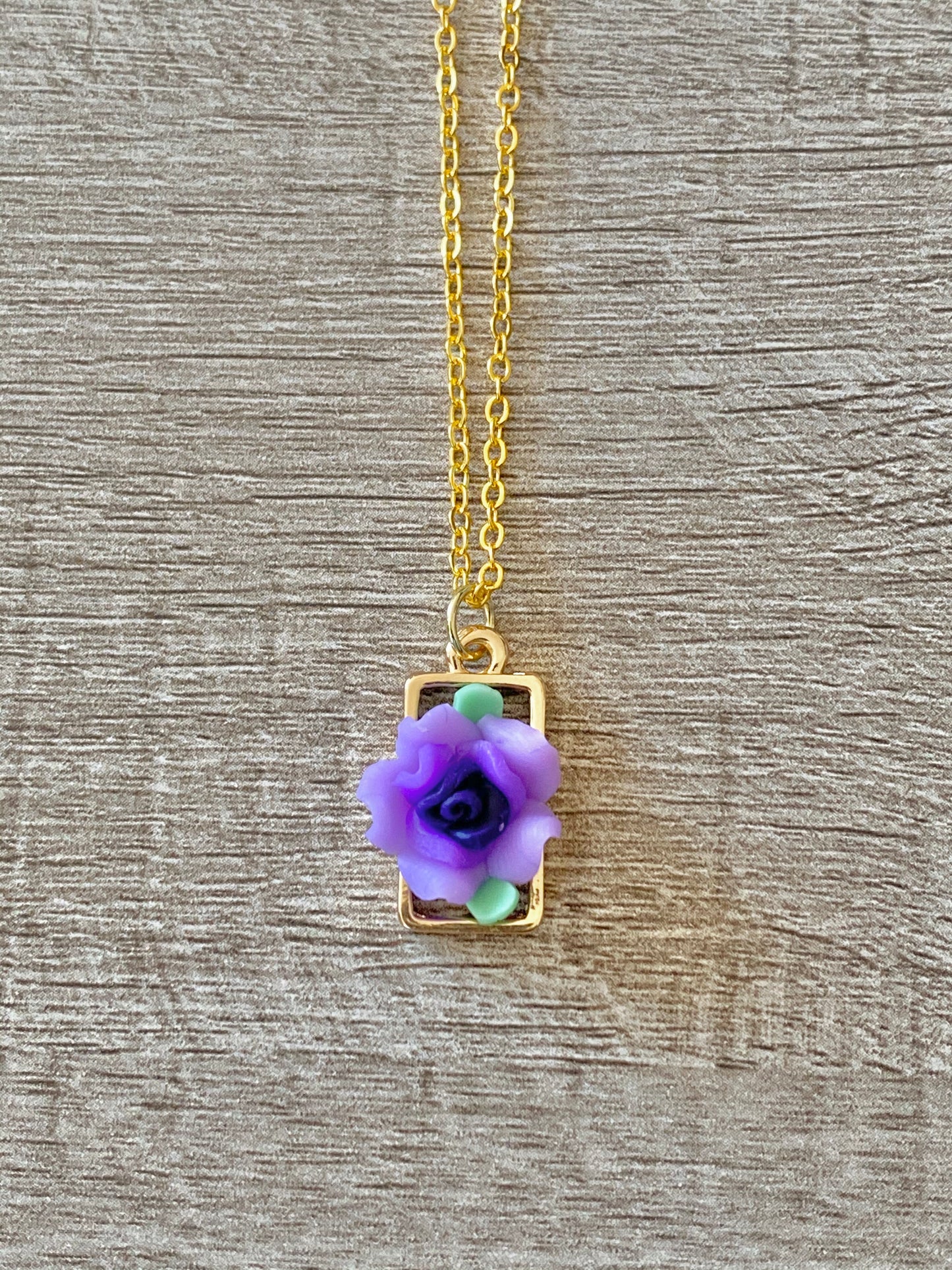 Small Rectangle Purple Flower Necklace