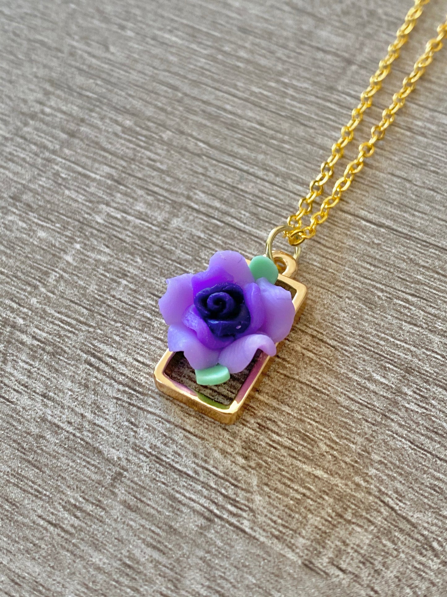 Small Rectangle Purple Flower Necklace