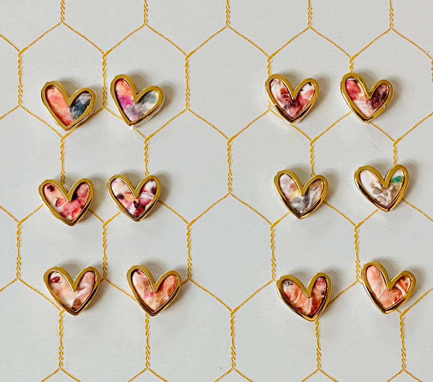 Gold Heart Floral Printed Studs