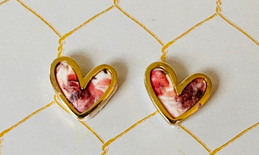 Gold Heart Floral Printed Studs