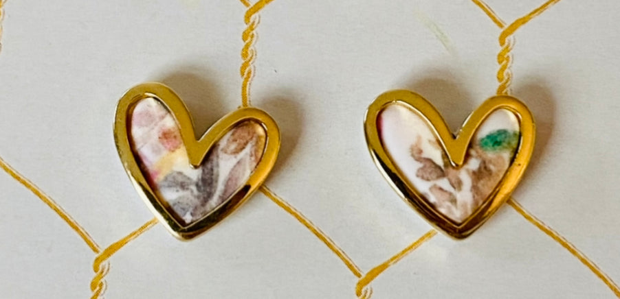 Gold Heart Floral Printed Studs