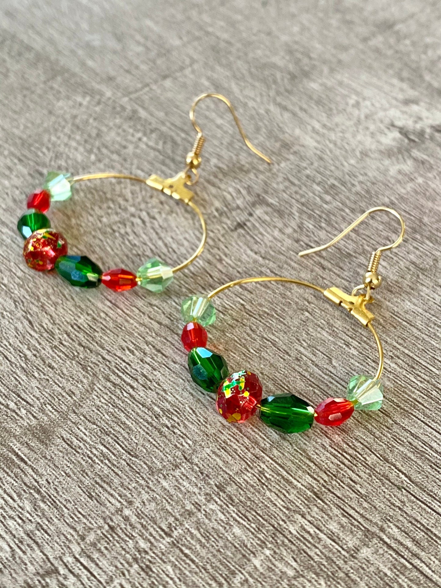 Beaded Holiday Hoop Earrings Red And Green