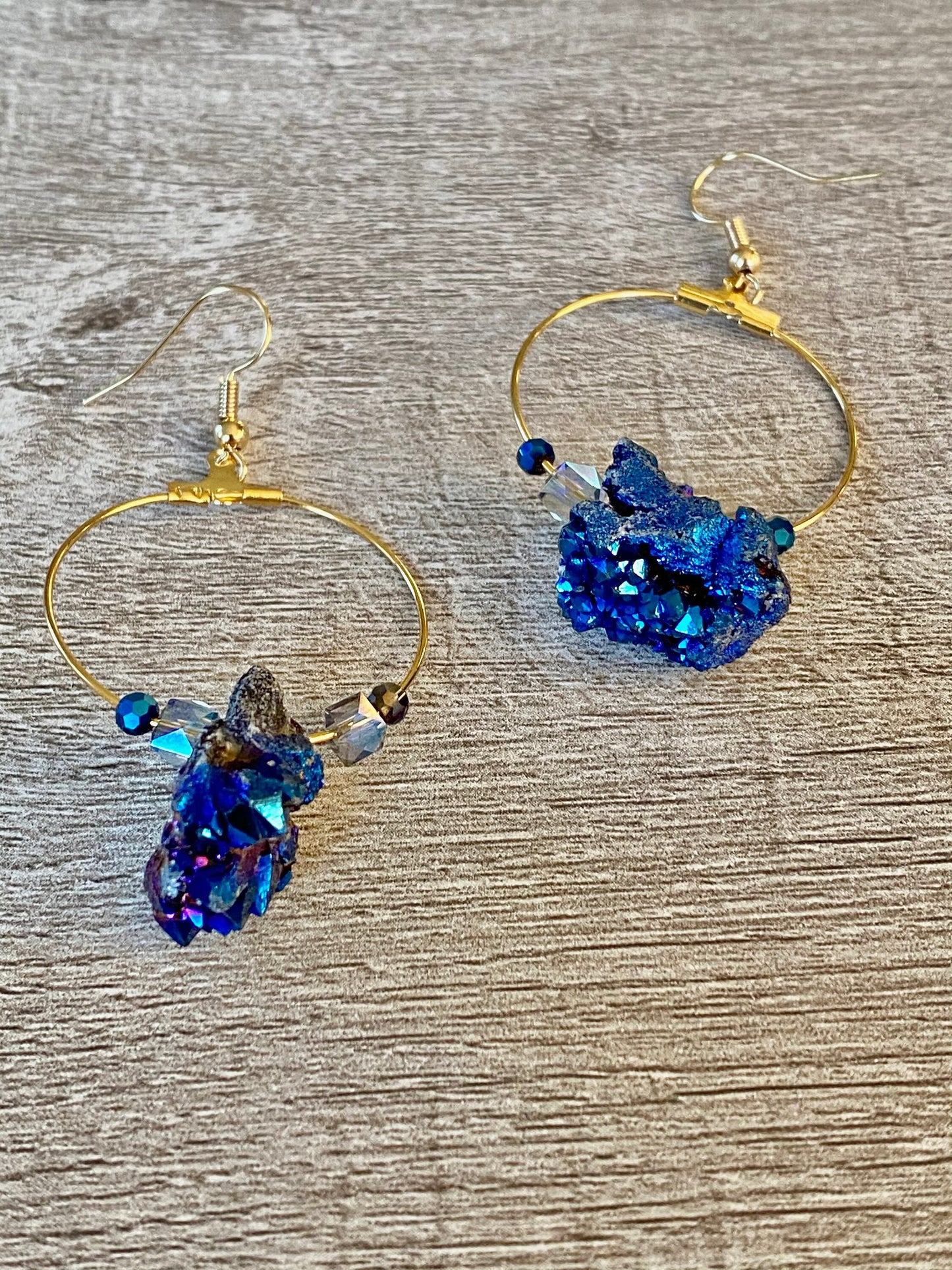 Dark Blue Sedona Druzy Agate Beaded Hoop Earrings