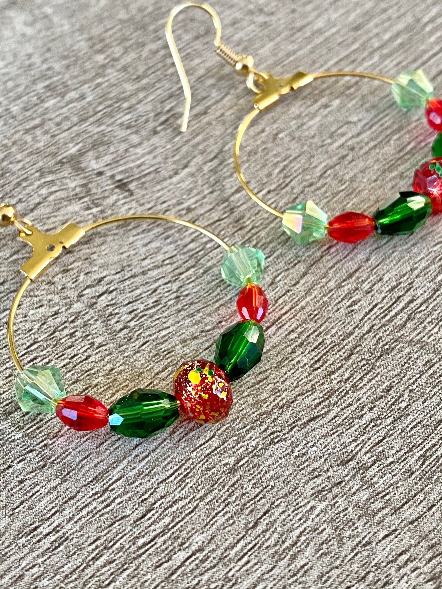 Beaded Holiday Hoop Earrings Red And Green