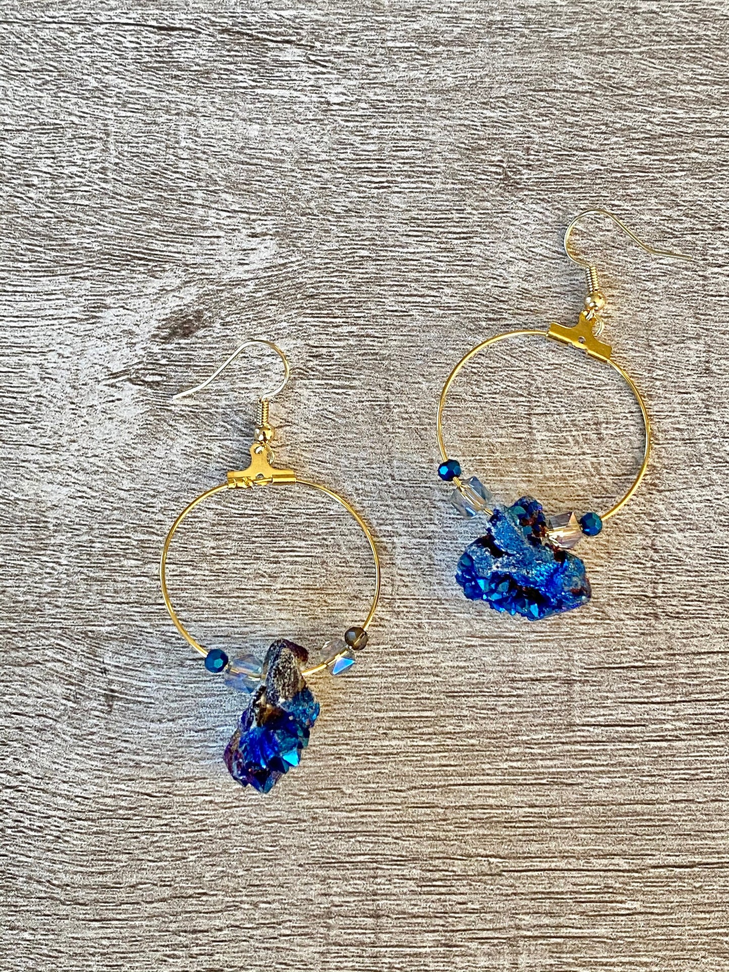 Dark Blue Sedona Druzy Agate Beaded Hoop Earrings