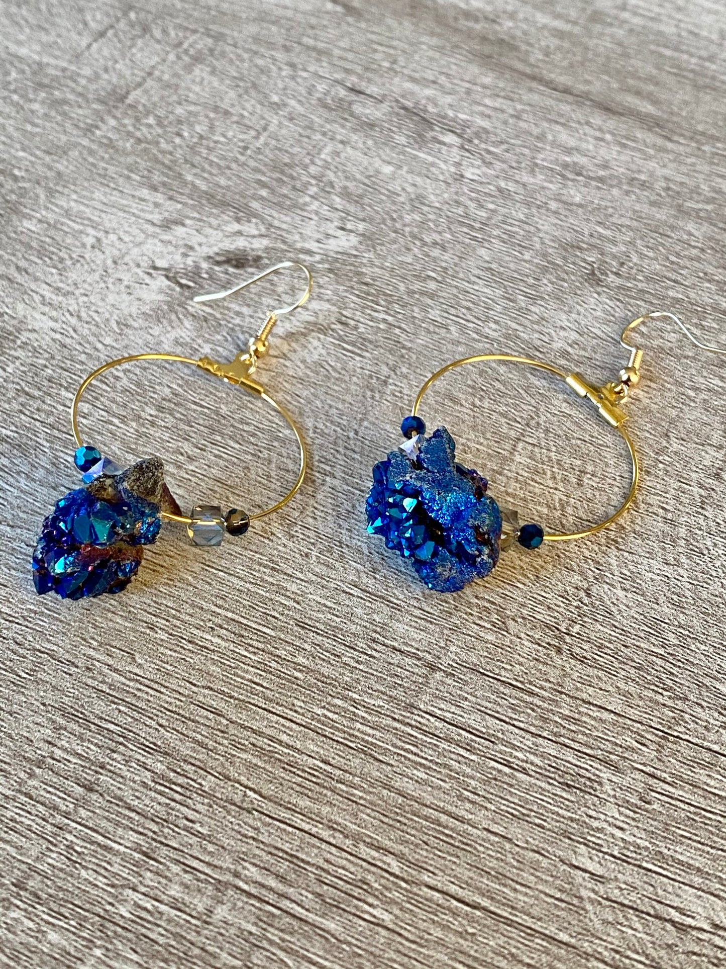 Dark Blue Sedona Druzy Agate Beaded Hoop Earrings