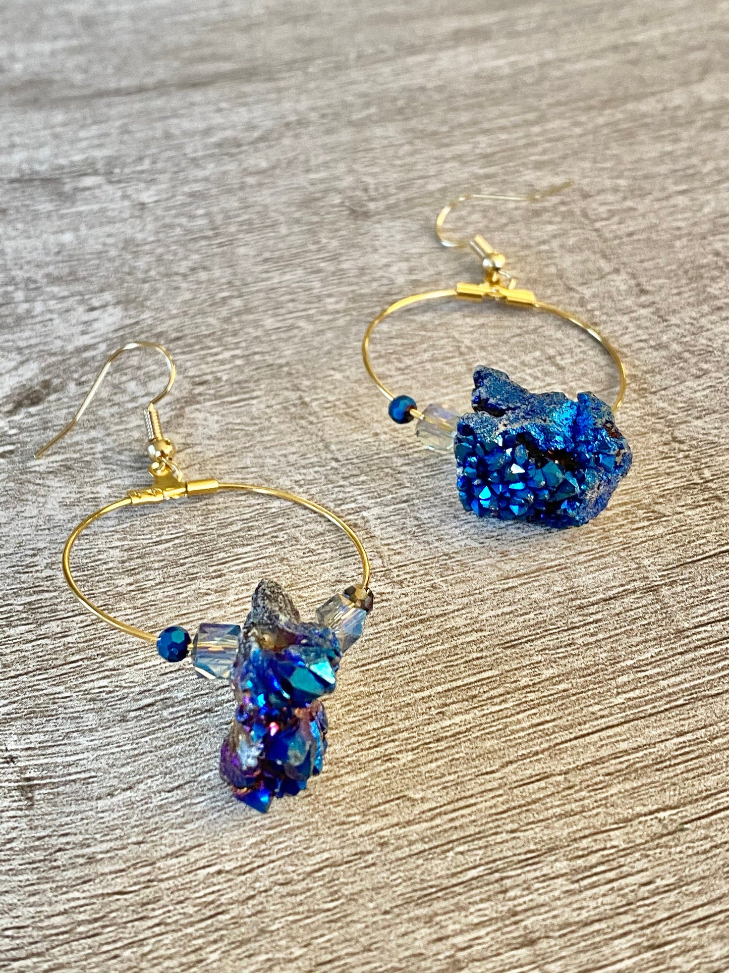 Dark Blue Sedona Druzy Agate Beaded Hoop Earrings