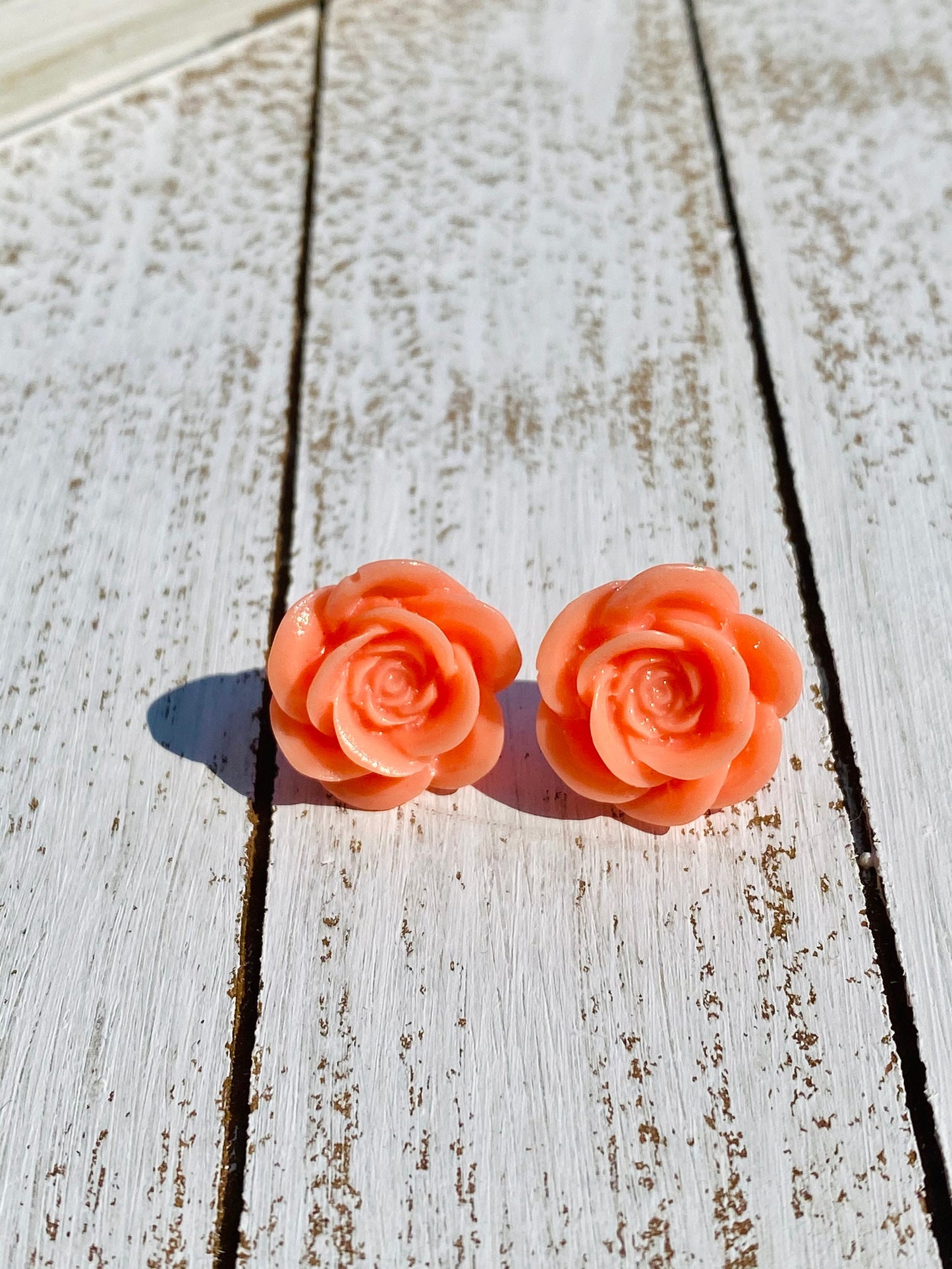 Peach Pink Rose Stud Earrings