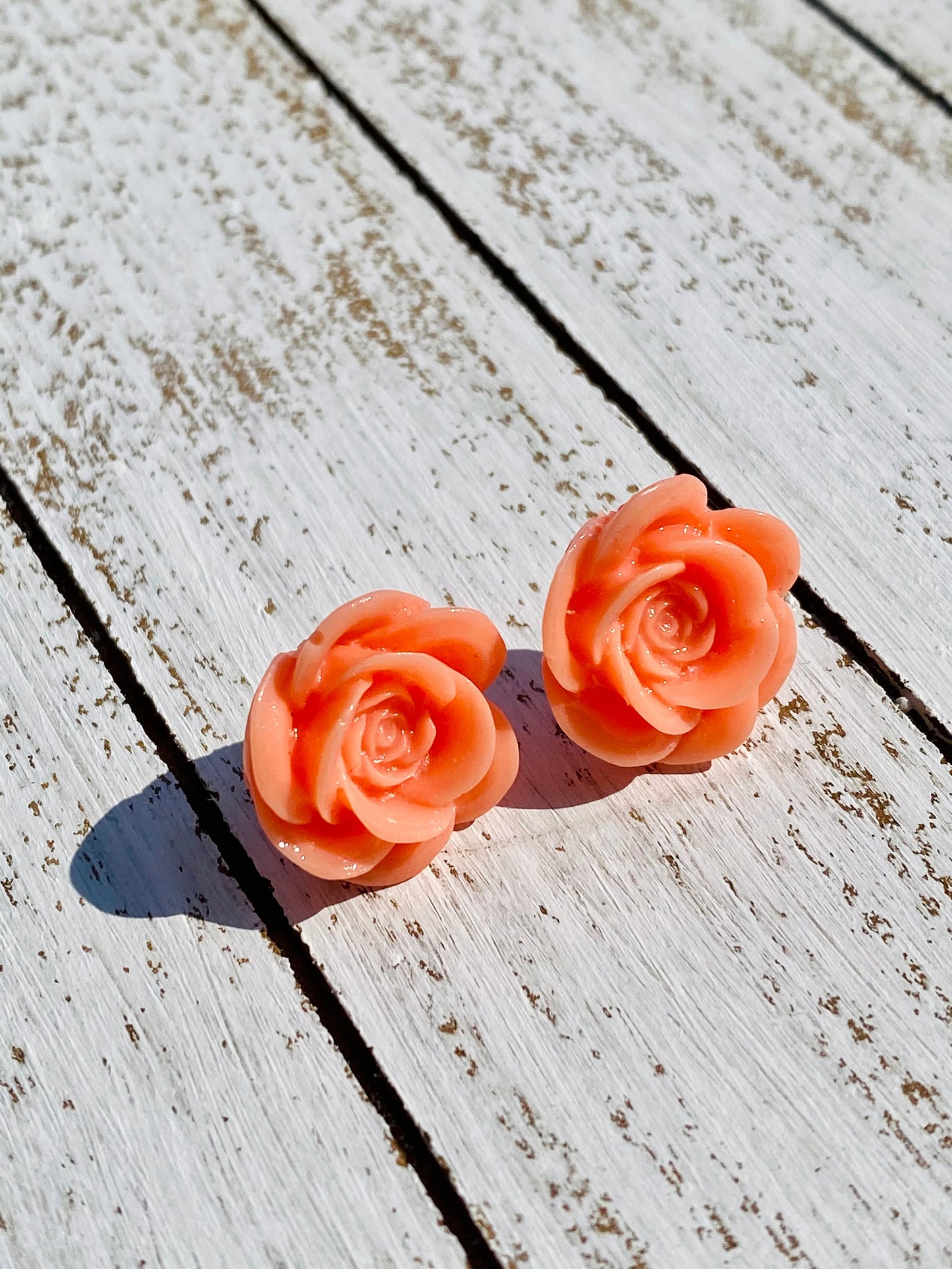 Peach Pink Rose Stud Earrings