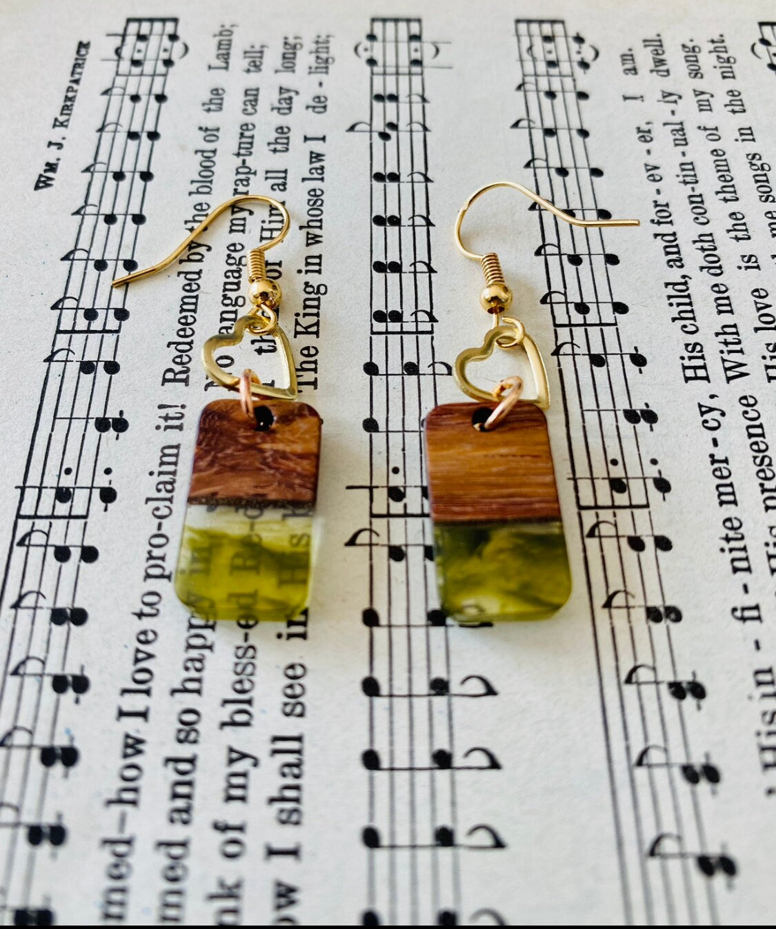 Wooden Glass Green and Brown Heart Earrings