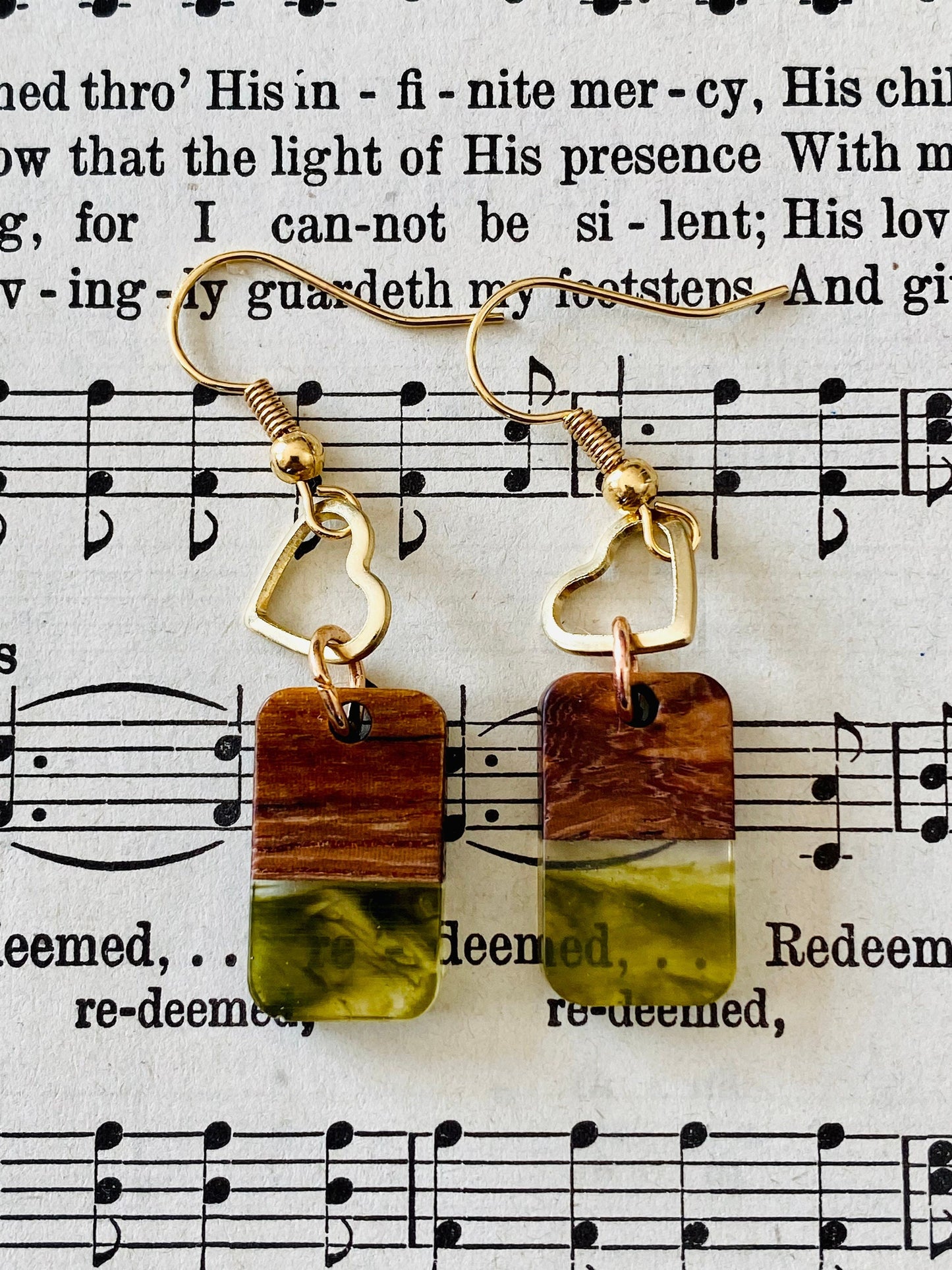 Wooden Glass Green and Brown Heart Earrings
