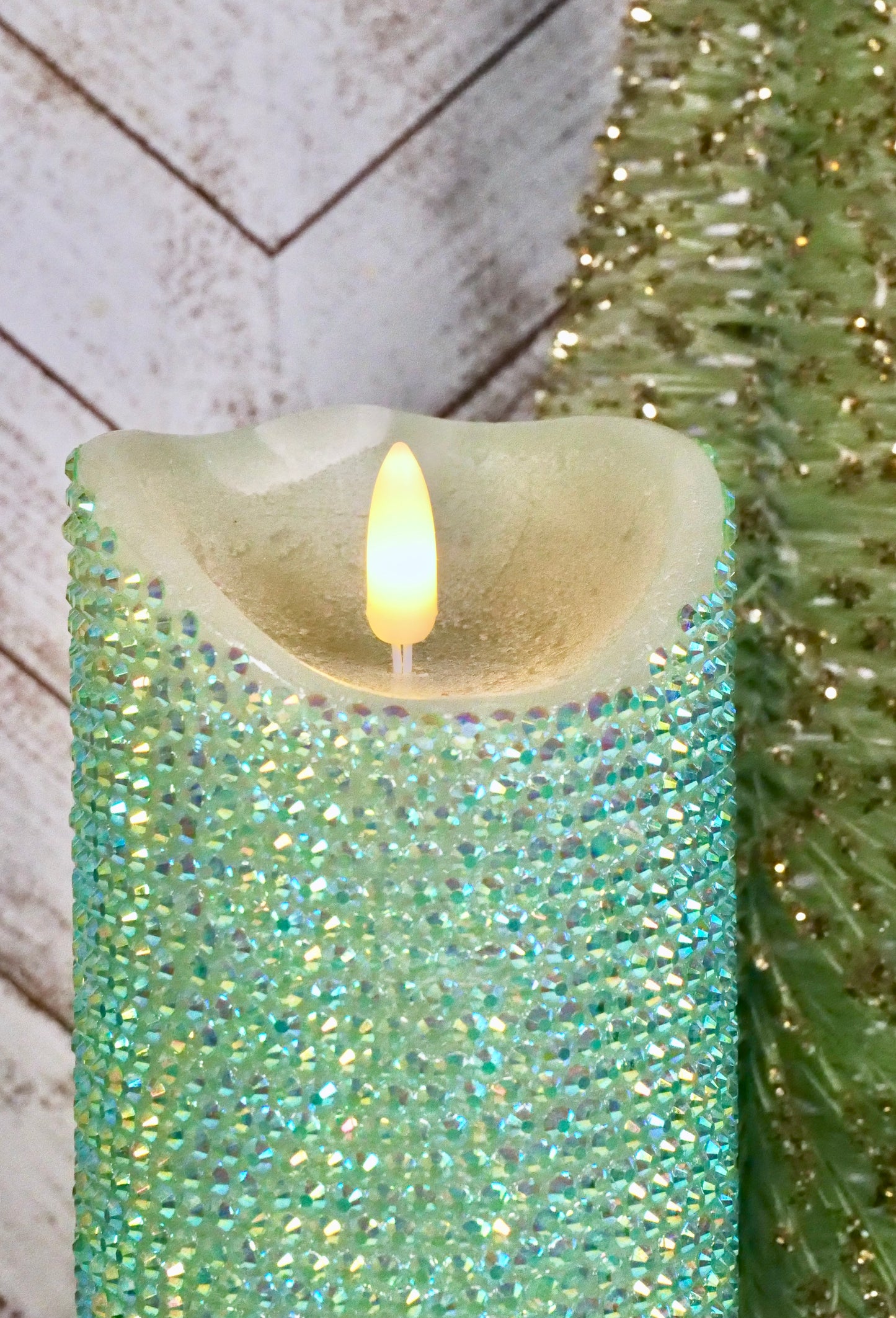 Light Green Rhinestoned Flameless LED Candle
