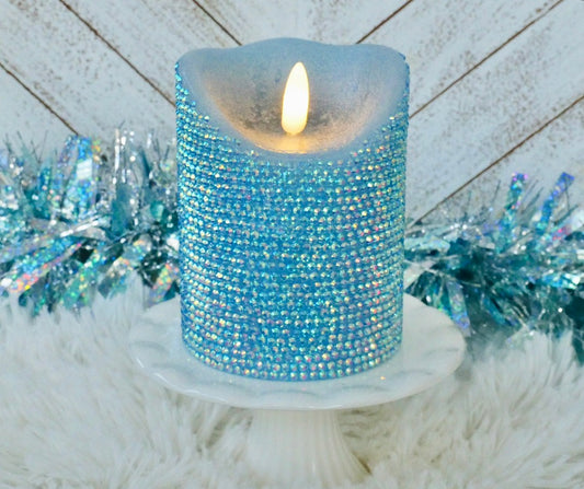 Light Blue Rhinestoned Flameless LED Candle