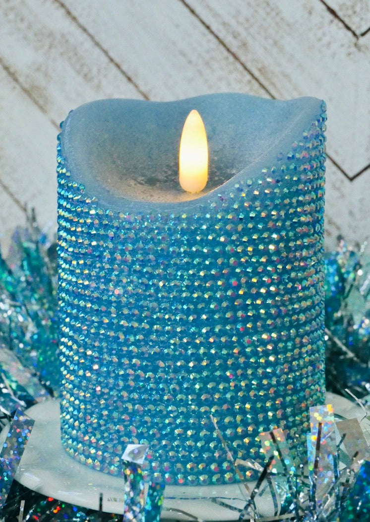 Light Blue Rhinestoned Flameless LED Candle