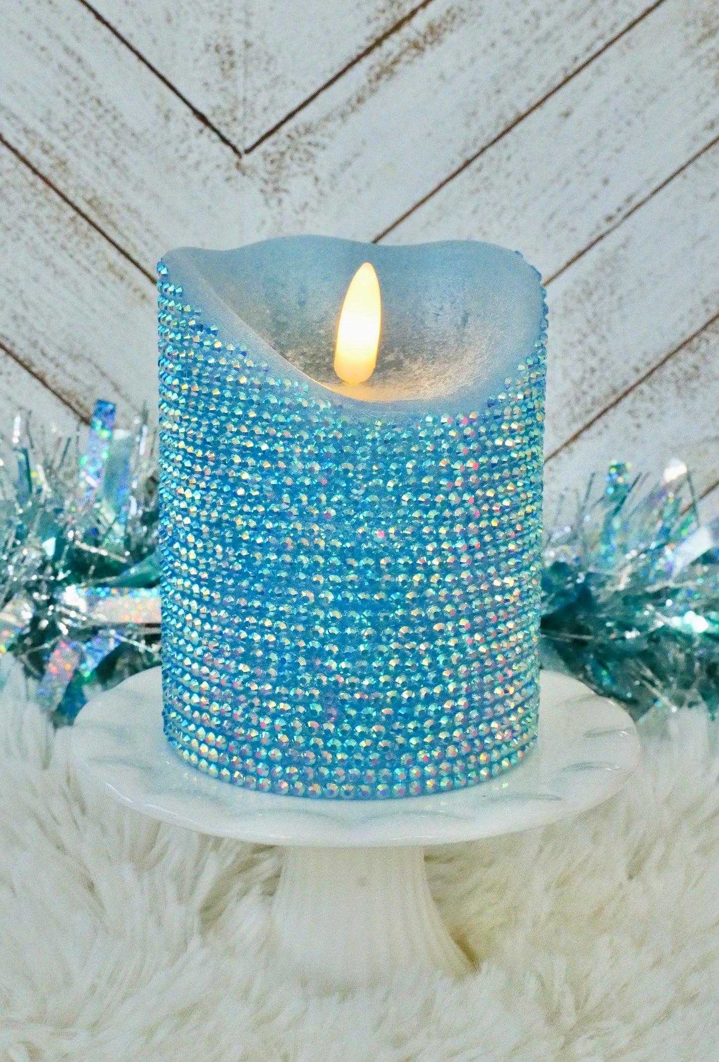 Light Blue Rhinestoned Flameless LED Candle