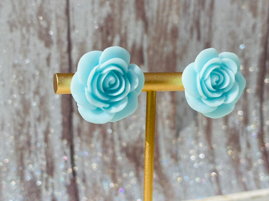 Large Blue Rose Stud Earrings