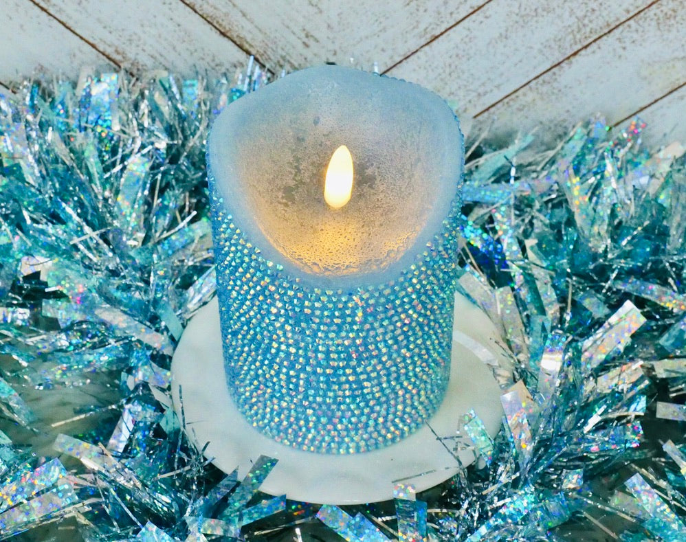 Light Blue Rhinestoned Flameless LED Candle