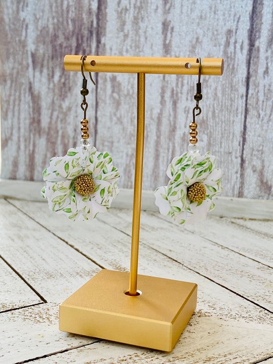 Green White Origami Flower Earrings